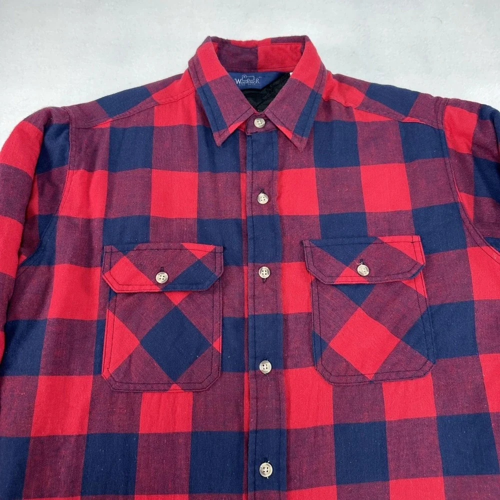 Vintage Woolrich Jacket Mens Medium Red‎ Navy Buffalo Plaid Quilted Flannel Barn